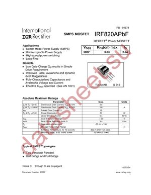 IRF820APBF datasheet  